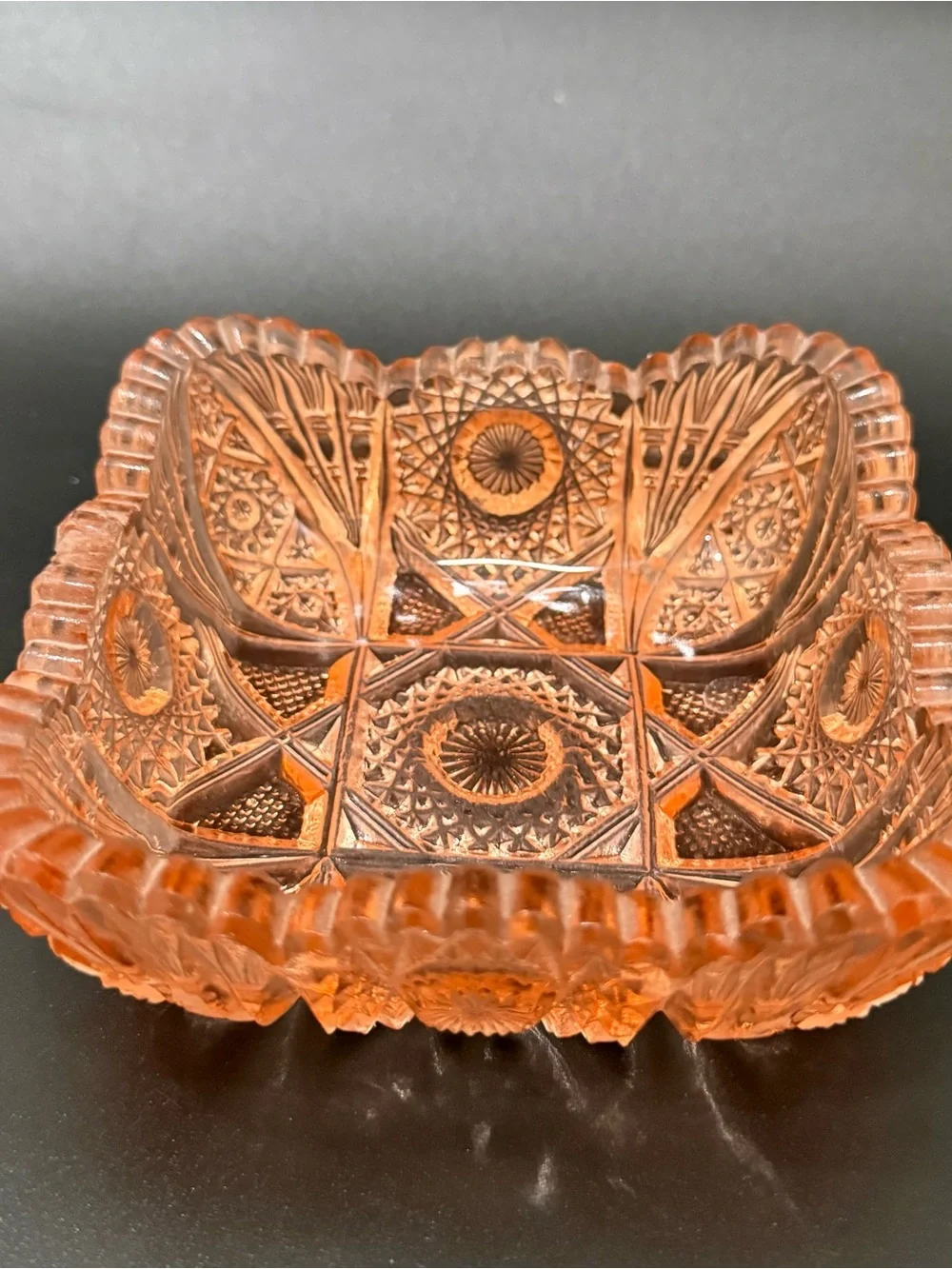 Vintage Salmon Pink Depression Pressed Glass Sawtooth Rim Square Candy Dish